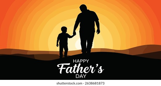 Happy Father's day concept vector background. Happy Father's Day and silhouette of father and child on background of adventure landscape. Father and son with text happy father's day.