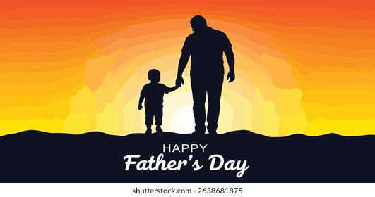 Happy Father's day concept vector background. Happy Father's Day and silhouette of father and child on background of adventure landscape. Father and son with text happy father's day.
