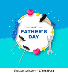 Happy Father's Day. Congratulation on a white round shape with a hammer, tie, wrench and stars. Vector illustration.