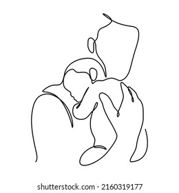 happy father's day continuous line art illustration. Baby sleeping on father's shoulder contour line drawing vector.