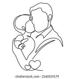 Happy father's day continuous line art illustration for celebration. Father carrying his child kissing. One line drawing and contour style.