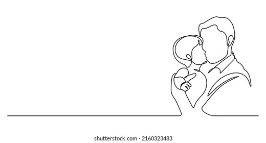 Happy father's day continuous line art illustration for celebration. Father carrying his child kissing. One line drawing and contour style.