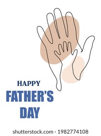 Happy father's Day! Continuous one line drawing of hand of father and child. Contemporary vector illustration on white background. Black line art on white background with colorful spots.