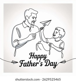 Happy father's day continuous one line drawing of father playing paper airplane with his son. Happy father's day concept. Single line draw design vector graphic illustration. isolated on white back