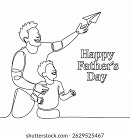Happy father's day continuous one line drawing of father playing paper airplane with his son. Happy father's day concept. Single line draw design vector graphic illustration. isolated on white back