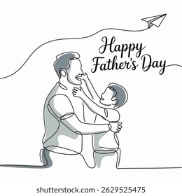 Happy father's day continuous one line drawing of father playing paper airplane with his son. Happy father's day concept. Single line draw design vector graphic illustration. isolated on white back