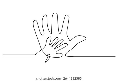 Happy Father's day! Continuous one line drawing with male hand with child's hand. Contemporary vector illustration on white background. Black line art on white background with colorful spots.