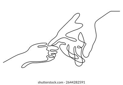 Happy Father's day! Continuous one line drawing with male hand with child's hand. Contemporary vector illustration on white background. Black line art on white background with colorful spots.