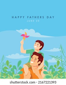 Happy fathers Day Creative concept with typography and illustration of a young boy and his father.