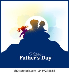 Happy Father's day creative drawing painting vector illustration. Father loves and hugs her little kids.