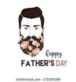 Happy Father's Day, Creative greeting card template of man portrait with floral peonies beard. Vector.
