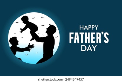 Happy Father's Day creative templates for poster, cover, banner, social media post, post card design etc. Silhouette of Daddy and sons playing happily with a full moon background