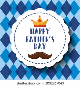happy fathers day crown mustache badge and rhombus background retro