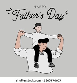 Happy father's day Cute lovely vector illustration with a cool dad and son. Best dad ever banner, a holidays poster, greeting card for June fathers day. Father's day grey background template.