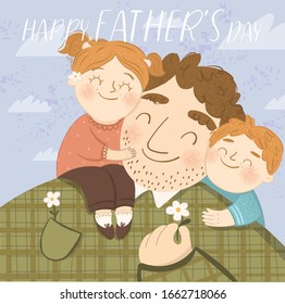 Happy father's day! Cute vector illustration family portrait    dad   children (daughters   son) playing game  nature  Drawing for postcard  card poster 
