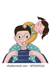 Happy father's day. Cute vector illustration for portrait of lovely daughter smiling and sitting on the neck of her handsome father isolated over white background. Single father with his baby girl.