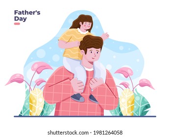 Happy Father's Day! Cute vector illustration and colourful. Cheerful child sits on the shoulders of his father. Happy Father's Day greeting card design. Love Dad. Banner, Poster, Postcard, Flat design