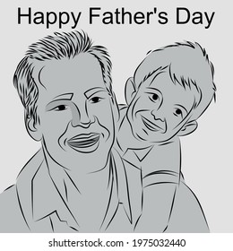 Happy Father's Day, dad and child posing together in a hug, black and white drawing.