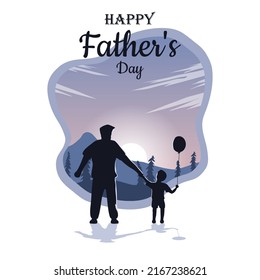 Happy Fathers Day. Dad and child holding hands watching the beautiful sunset. Silhouette of father and son going on an adventure in nature. Vector illustration