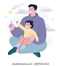 Happy Father's Day. Dad and child spending time together. Fatherhood happiness and positive parenting. Family communication and happiness. Flat vector illustration