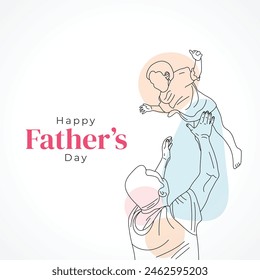 Happy father's day with dad and child hand drawn illustration, Happy father's day one line illustration