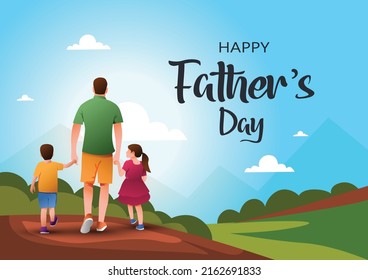 Happy father's day with dad and children walking back view. vector illustration design