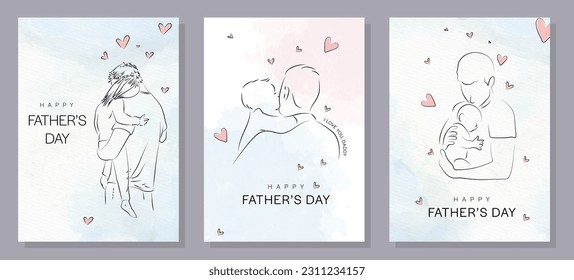 Happy Father's Day with dad and children silhouettes. Vector greeting card with a nice message of Father's Day. 