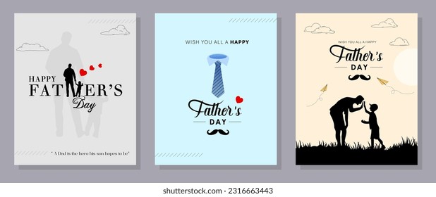 Happy Father's Day with dad and children silhouettes. Vector greeting card with a nice message of Father's Day. 