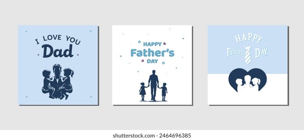 Happy Father's Day with dad and children silhouettes. Vector greeting card set, i love you dad