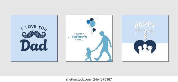 Happy Father's Day with dad and children silhouettes. Vector greeting card set, i love you dad