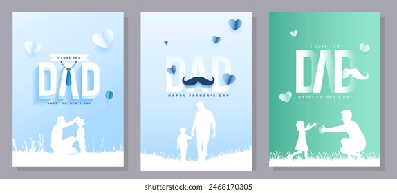 Happy Father's Day with dad and children silhouettes. Vector greeting card with a nice message of Father's Day. 