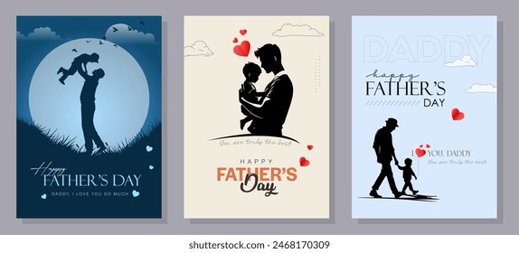 Happy Father's Day with dad and children silhouettes. Vector greeting card with a nice message of Father's Day. 