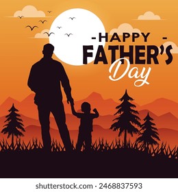 Happy Father's Day with dad and children silhouettes. Greetings and presents for Father's Day in flat lay styling. vector illustration.