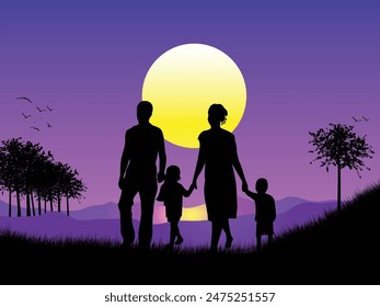 Happy Father's Day with dad and children silhouettes. Vector greeting card with a nice message of Father's Day.
