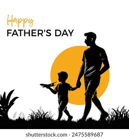 Happy Father's Day with dad and children silhouettes. Vector greeting card with a nice message of Father's Day