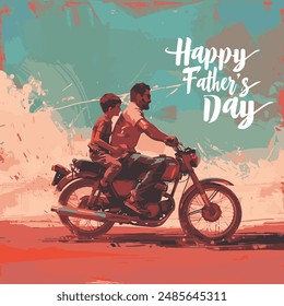  Happy Father's Day with dad and children silhouettes. Vector greeting card with a nice message of Father's Day. father and son with bike