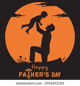 Happy Father's Day with dad and children silhouettes and happy father's day text. Father's Day greeting cards. 