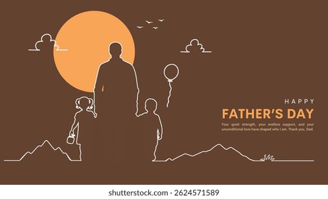 Happy Father's Day with dad and children. Minimal Vector greeting card with a nice message of Father's Day. Line art design.