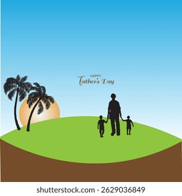Happy Father's Day with dad and children silhouettes. Vector greeting card with a nice message of Father's Day