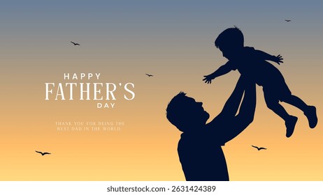 Happy Father's Day with dad and children silhouettes. Vector greeting card with a nice message of Father's Day. Happy Father's day greeting illustration.