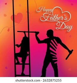 Happy Father's Day with dad and children silhouettes. Vector greeting card with a nice message of Father's Day