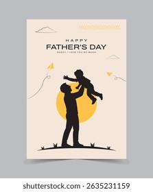 Feliz Dia dos Pais com silhuetas de pai e filhos. Cartão de saudação vetorial com uma bela mensagem do Dia dos Pais