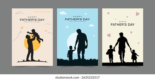 Feliz Dia dos Pais com silhuetas de pai e filhos. Conjunto de cartões de saudação vetorial com uma boa mensagem para o Dia dos Pais