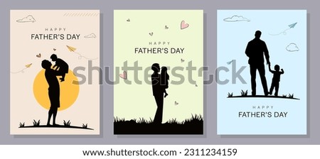 Happy Father's Day with dad and children silhouettes. Vector greeting card with a nice message of Father's Day. 