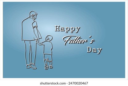 Happy Father's Day with dad and children.single line art hand drawing sketch.Beautiful and Unique Father's Day card.