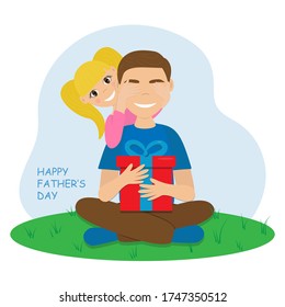 Happy father's day. Dad and daughter. The daughter surprises her father and gives her a present. Vector flat illustration.