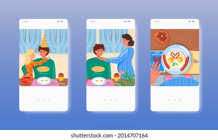 Happy Fathers day. Dad with daughter, pregnant wife. Mobile app screens, vector website banner template, web site design