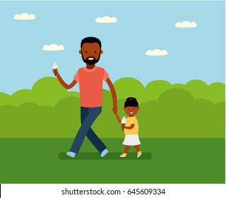 Happy Father's Day. Dad with daughter in the Park. Happy holiday. African Americans family. Vector illustration in cartoon flat style