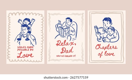 Happy Father's Day Dad Greeting Doodle Vintage Sketch Card Set. Holiday Vector Chalk Relax Reading Poster From Son Daughter Family