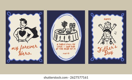 Happy Father's Day Dad Greeting Doodle Vintage Sketch Card Set. Holiday Vector Chalk Superhero Hero Dad, Dinner Poster From Son Daughter Family